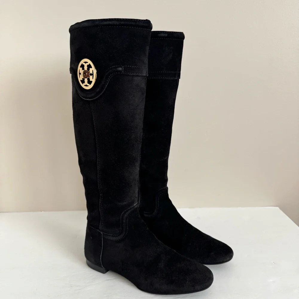 TORY BURCH Selma Black Suede Logo Riding Tall Boot Knee High size 5
